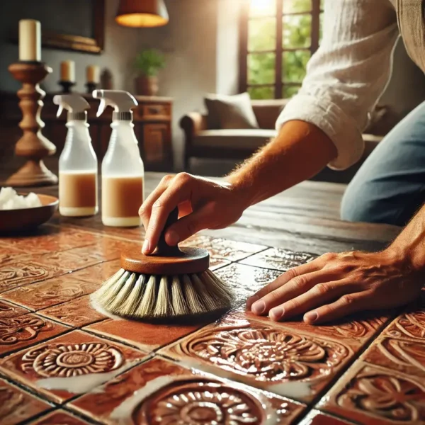 DALL·E 2025-01-07 19.46.39 - A close-up scene of a professional gently cleaning terracotta Mexican tiles using soft brushes and eco-friendly solutions, highlighting the careful an (1) mexican tiles